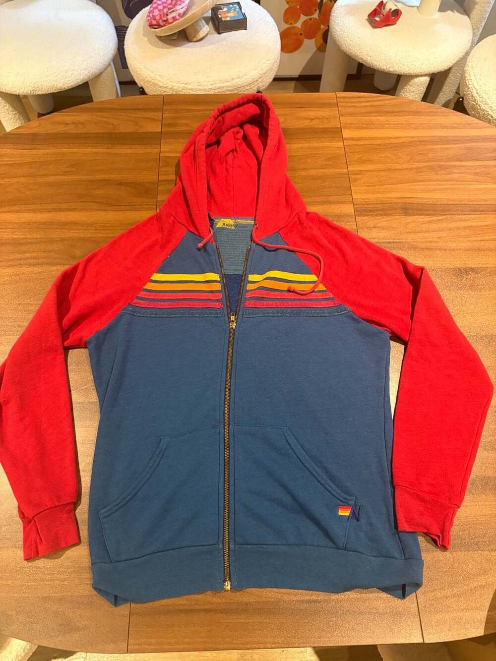 Aviator Nation 5 Stripe Zip Hoodie Blue Red Size L